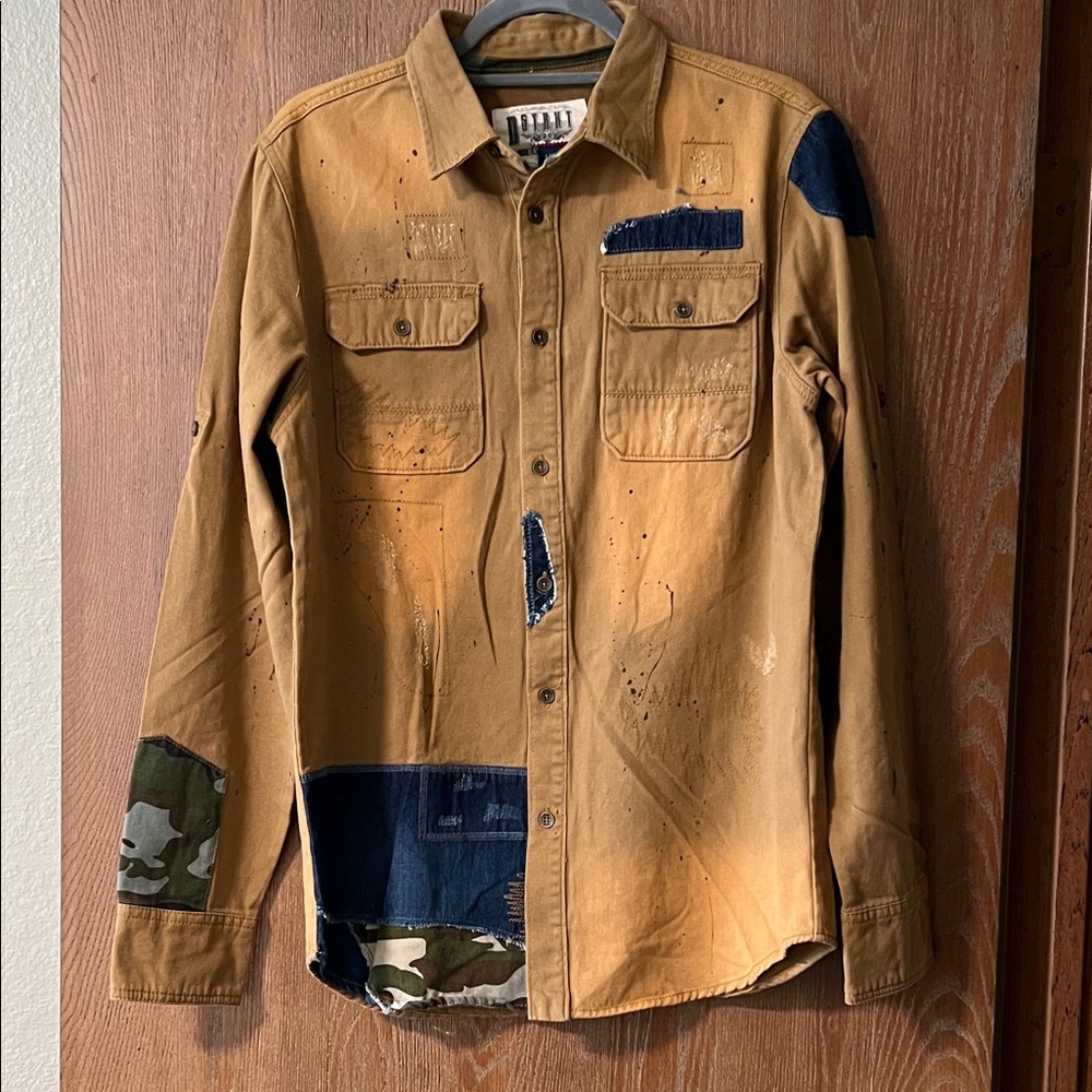 Tan and Blue Patchwork Shirt